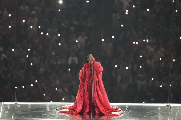 FILE - Rihanna performs during the halftime show at the NFL Super Bowl 57 football game between the Kansas City Chiefs and the Philadelphia Eagles on Feb. 12, 2023, in Glendale, Ariz. (AP Photo/Charlie Riedel, File)