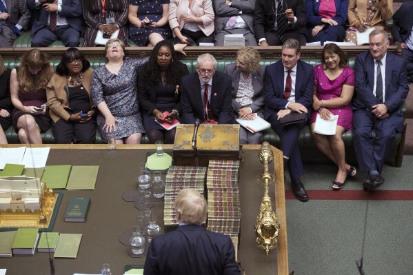 In this handout photo provided by the House of Commons, Britain's Prime Minister Boris Johnson, front center, speaks facing the opposition bench during his first Prime Minister's Questions, in the House of Commons in London, Wednesday, Sept. 4, 2019. Britain's Parliament is facing a second straight day of political turmoil as lawmakers fought Prime Minister Boris Johnson's plan to deliver Brexit in less than two months, come what may. Johnson is threatening to dissolve the House of Commons and hold a national election that he hopes might produce a less fractious crop of legislators. (Jessica Taylor/House of Commons via AP)