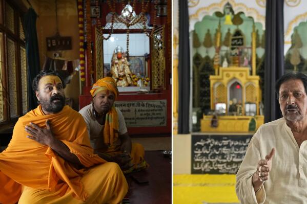 In this two picture combo, on left, Hindu priest Swami Ram Das ,48, expresses his views sitting in his ashram, Wednesday, March 29, 2023, and on right, Muslim community leader Syed Mohammad Munir Abidi, 68, talks sitting in a Mosque on Tuesday March 28, 2023, in Ayodya, India. Abidi and Das are two ordinary citizens living in one city in a country of more than 1.4 billion people that is on the cusp of becoming the world's most populated nation. Together they embody the opposing sides of a deeply entrenched religious divide that presents India one of its biggest challenges so far: to safeguard freedoms to its Muslim minority at a time when a rising tide of Hindu nationalism is laying waste to the country's secular underpinnings. (AP Photo/Manish Swarup)