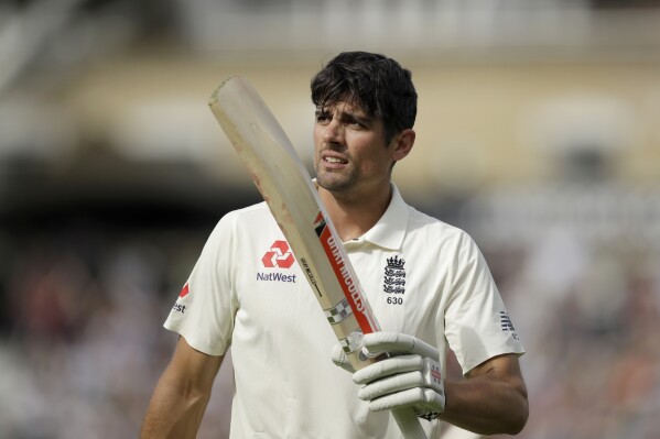 FILE - England's Alastair Cook, in his last ever batting innings before retiring from test cricket, walks off the field of play after losing his wicket from the bowling of India's Hanuma Vihari for 147 runs during the fifth cricket test match of a five match series between England and India at the Oval cricket ground in London, Monday, Sept. 10, 2018. Former England captain Alastair Cook announced his retirement from cricket on Friday, Oct. 13, 2023 after deciding against seeking a renewal of his contract at Essex, his long-time county team. (AP Photo/Matt Dunham, File)