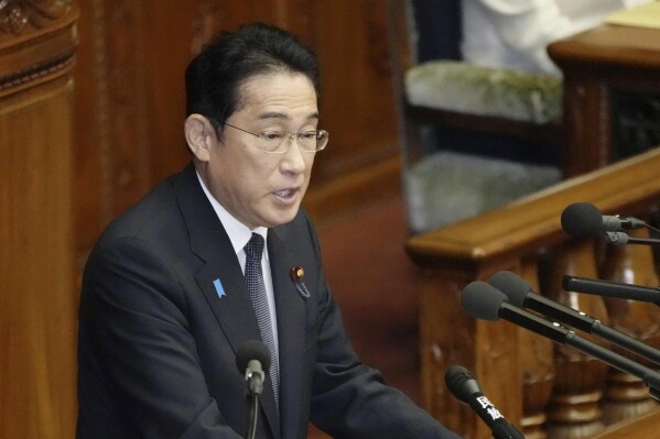 Japan's Prime Minister Fumio Kishida delivers his policy speech during an extraordinary session of the Diet at the parliament in Tokyo Monday, Oct. 23, 2023. (Kyodo News via AP)