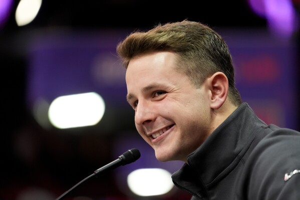 San Francisco 49ers quarterback Brock Purdy speaks to the media during NFL football Super Bowl 58 opening night Monday, Feb. 5, 2024, in Las Vegas. The San Francisco 49ers face the Kansas City Chiefs in Super Bowl 58 on Sunday. (AP Photo/Matt York)