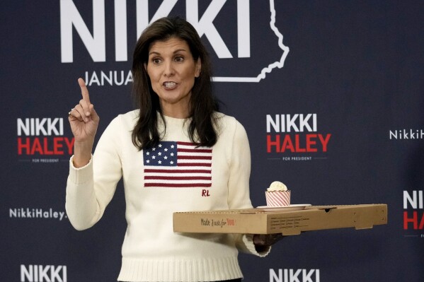 Republican presidential candidate former UN Ambassador Nikki Haley tells the audience the best birthday present they can give her is their vote on Tuesday while speaking at a Pizza and Politics event at Franklin Pierce University, Saturday, Jan. 20, 2024, in Rindge, N.H. (AP Photo/Robert F. Bukaty)
