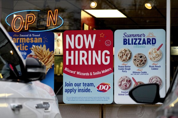 A hiring sign is displayed at a restaurant in Northbrook, Ill., Thursday, May 2, 2024. On Thursday, May 16, 2024, the Labor Department reports on the number of people who applied for unemployment benefits last week. (AP Photo/Nam Y. Huh)