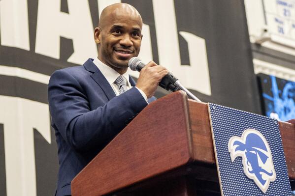 Seton Hall welcomes Shaheen Holloway as the new men's basketball head coach during a press conference at Seton Hall in South Orange, N.J., Thursday, March 31, 2022.  (Anne-Marie Caruso/The Record via AP)