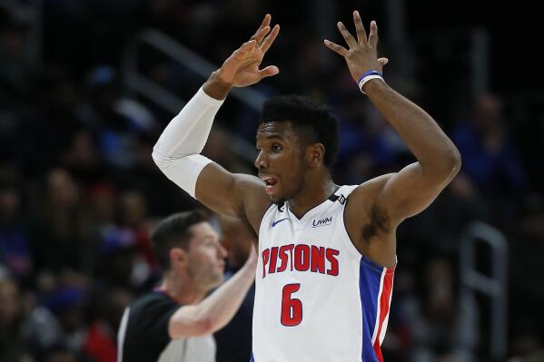 Detroit Pistons guard Hamidou Diallo (6) reacts after being whistled for a foul during the first half of the team's NBA basketball game against the Cleveland Cavaliers on Sunday, Nov. 27, 2022, in Detroit. (AP Photo/Duane Burleson)