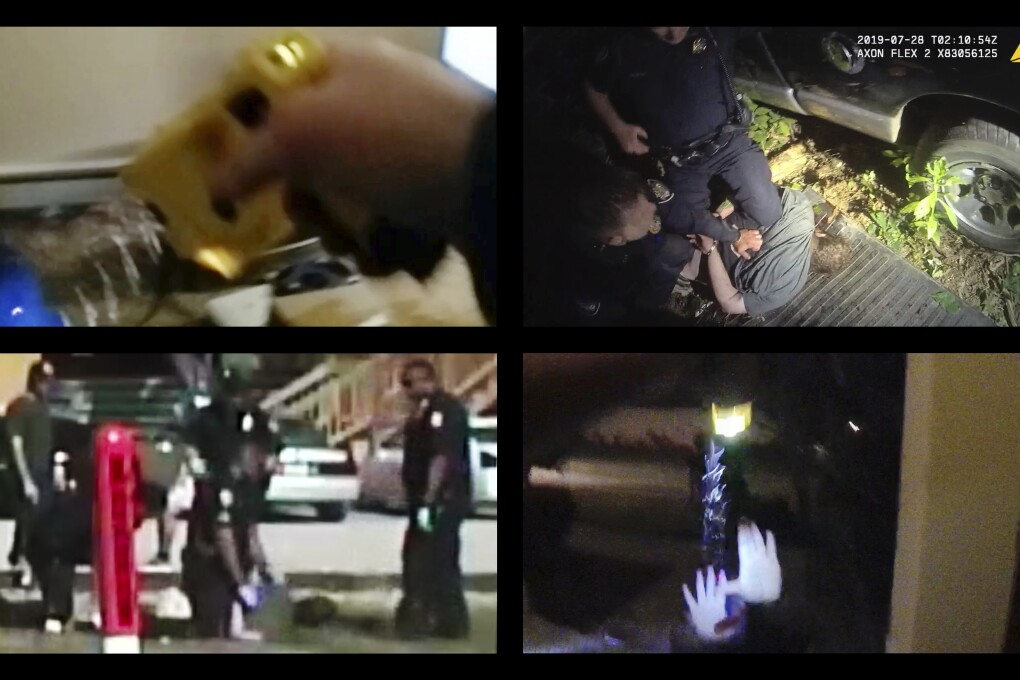 This combination of images from body-camera videos shows police encounters with, top row from left, Jeffrey Melvin in Colorado in 2018, Johnathan Binkley in Tennessee in 2019; bottom row from left, Bradford Macomber in Mississippi in 2016 and Samuel Celestin in Florida in 2019. (Colorado Springs Police Department, Knox County Sheriff's Office, Gulfport Police Department, Ocoee Police Department via AP)