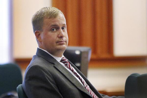FILE - Former Idaho state Rep. Aaron von Ehlinger glances toward the gallery during his rape trial at the Ada County Courthouse on April 27, 2022, in Boise, Idaho.  The former Idaho lawmaker was convicted Friday, April 29, 2022, of raping a 19-year-old legislative intern after a dramatic trial in which the young woman fled the witness stand during testimony, saying “I can’t do this.”   (Brian Myrick/The Idaho Press-Tribune via AP)