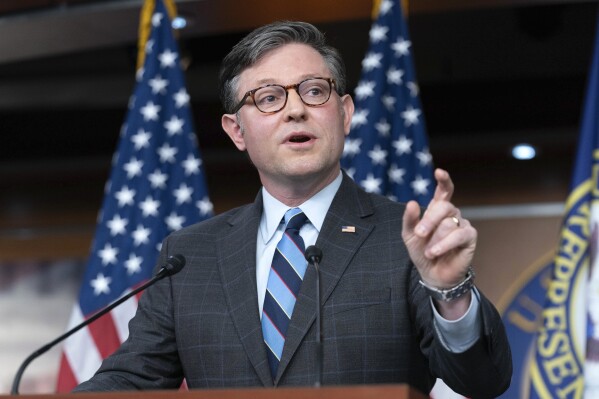 Speaker of the House Rep. Mike Johnson, R-La., speaks during a news conference on Capitol Hill in Washington, Tuesday, Feb. 6, 2024. (AP Photo/Jose Luis Magana)