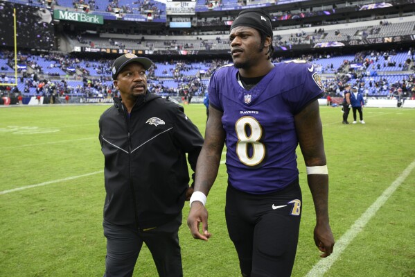 Baltimore Ravens quarterback Lamar Jackson leaves the field following an NFL football game, Sunday, Sept. 24, 2023, in Baltimore. Indianapolis Colts won the game in overtime. (AP Photo/Nick Wass)