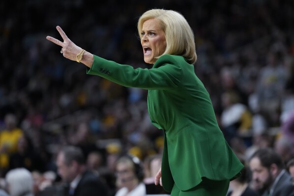 LSU head coach Kim Mulkey reacts during the first quarter of an Elite Eight round college basketball game against Iowa during the NCAA Tournament, Monday, April 1, 2024, in Albany, N.Y. (AP Photo/Mary Altaffer)