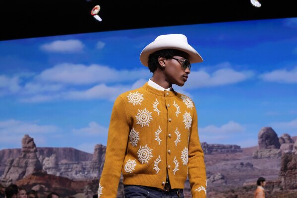 A model wears a creation for Louis Vuitton as part of the Menswear ready-to-wear Fall-Winter 2024-2025 collection presented in Paris, Tuesday, Jan. 16, 2024. (AP Photo/Thibault Camus)