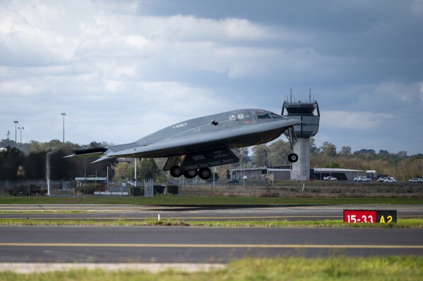 In this photo released by U.S. Air National Guard, a U.S. Air Force B-2 Spirit stealth bomber takes off from a Royal Australian Air Force base in Amberley, Australia, Sept. 11, 2024. (Staff Sgt. Whitney Erhart/U.S. Air National Guard via AP)