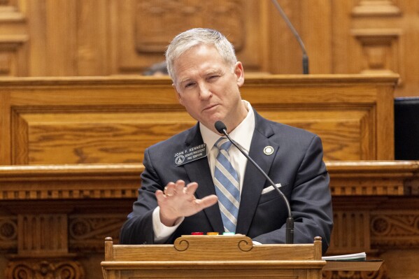 State. Sen. John F. Kennedy, R-Macon, speaks on a bill he sponsored to rewrite Georgia's litigation rules to limit lawsuits at the Senate at the Capitol in Atlanta on Friday, Feb. 21, 2025. (Arvin Temkar /Atlanta Journal-Constitution via AP)