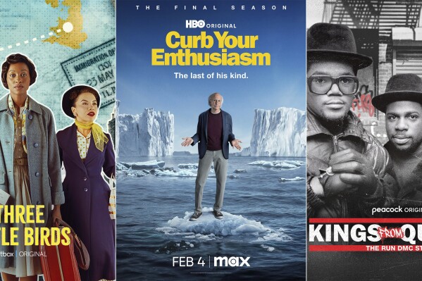 This combination of photos shows promotional art for "Three Little Birds," premiering Feb. 1 on Britbox, left, "Curb Your Enthusiasm," the final season premiering Feb. 4 on Max, center, and "Kings from Queens: The Run DMC Story," premiering Feb. 1 on Peacock. (Britbox/Max/Peacock via AP)