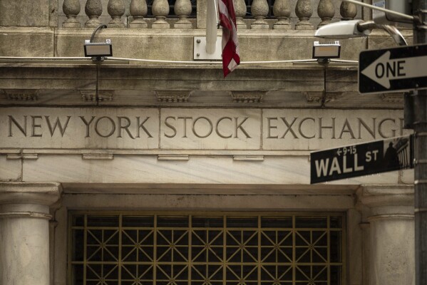 A general view shows the New York Stock Exchange, Monday, April 7, 2025, in New York. (AP Photo/Yuki Iwamura)