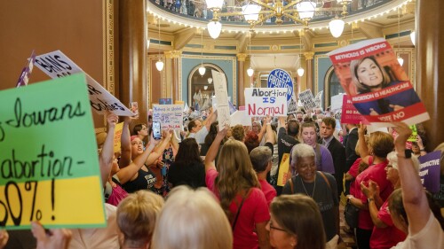 Protestors fill the Iowa State Capitol rotunda, as the Iowa Legislature convenes for special session to pass 6-week 'fetal heartbeat' abortion ban Tuesday, July 11, 2023. (Zach Boyden-Holmes/The Des Moines Register via AP)