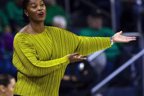FILE - Notre Dame head coach Niele Ivey directs her team during the second half of an NCAA college basketball game against Boston College, Jan. 1, 2023, in South Bend, Ind. Ivey's Fighting Irish are the top seed in this week's ACC Tournament. (AP Photo/Michael Caterina, File)