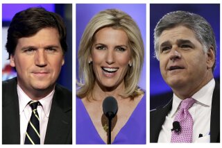 FILE - This combination of photo shows, from left, Tucker Carlson, host of "Tucker Carlson Tonight," Laura Ingraham, host of "The Ingraham Angle," and Sean Hannity, host of "Hannity" on Fox News. Brian Stelter, who wrote “Hoax: Donald Trump, Fox News, and the Dangerous Distortion of Truth,” says several people at Fox privately expressed worry to him about the growing power of prime-time opinion hosts Carlson, Hannity and Ingraham at the expense of Fox's news operation. (AP Photo)