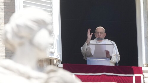 Pope Francis delivers the Angelus noon prayer in St. Peter's Square at the Vatican, Sunday, July 9, 2023. (AP Photo/Gregorio Borgia)