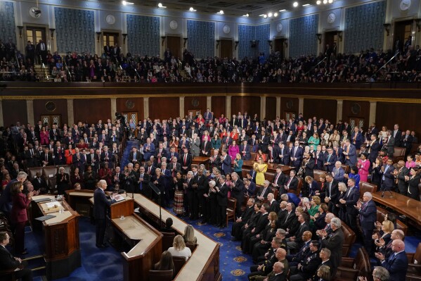 FILE - President Joe Biden delivers his State of the Union speech to a joint session of Congress, at the Capitol in Washington, Feb. 7, 2023. A poll shows that a growing share of U.S. adults doubt that 81-year-old President Joe Biden has the memory and acuity for the job. That means Biden's upcoming State of the Union address could be something of a real-time audition as he bids for a second term. (AP Photo/J. Scott Applewhite, File)