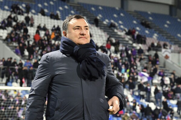 Fiorentina's general manager Joe Barone looks on during an Italian Championship League soccer match between Sassuolo vand Fiorentina at Mapei stadium, in Reggio Emilia, Italy, on Feb. 26, 2022. Fiorentina’s Serie A match against Atalanta on Sunday, March 17, 2024, has been postponed after general manager Barone was rushed to hospital just a few hours before kickoff. Barone was reportedly taken to hospital in Milan by helicopter after falling ill at the team hotel in nearby Bergamo. (Massimo Paolone/LaPresse via AP)