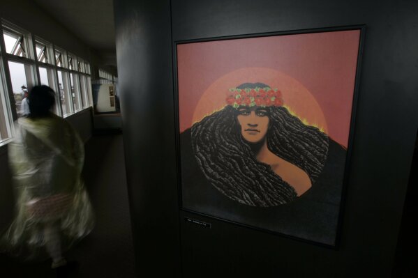 
              FILE - In this Sept. 10, 2009 file photo, a portrait of volcano deity Pele by famed Hawaiian artist Herb Kawainui Kane is on display at the Jagger Museum and Hawaiian Volcano Observatory in Hawai'i Volcanoes National Park on the island of Hawaii. When residents of rural Hawaii neighborhoods where lava from Kilauea volcano has burned down or threatened to consume their homes, a name often comes up: Pele. Pele, known as the goddess of volcanoes and fire, is an important figure in Hawaiian culture. (AP Photo/Chris Stewart, File)
            