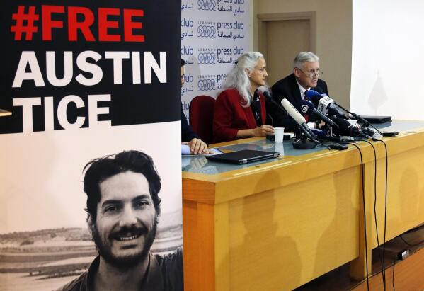 FILE - Marc and Debra Tice, the parents of Austin Tice, who is missing in Syria for nearly six years, speak during a press conference, at the Press Club, in Beirut, Lebanon, Tuesday, Dec. 4, 2018. Lebanon is still mediating between the United States and Syria over the fate of Tice who went missing a decade ago in the war-torn country, a Lebanese general said Tuesday, Oct. 25, 2022. (AP Photo/Bilal Hussein, File)