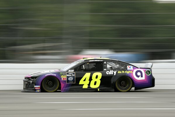 Jimmie Johnson drives down the front stretch during a NASCAR Cup Series auto race, Sunday, July 28, 2019, in Long Pond, Pa. (AP Photo/Derik Hamilton)