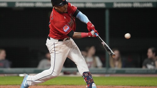 Cleveland Guardians' Jose Ramirez hits a home run against the Kansas City Royals dudring the sixth inning of a baseball game Thursday, July 6, 2023, in Cleveland. (AP Photo/Sue Ogrocki)