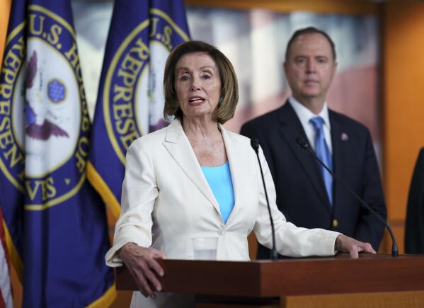 FILE - Speaker of the House Nancy Pelosi, D-Calif., joined at right by House Intelligence Committee Chairman Adam Schiff, D-Calif., announces her appointments to a new select committee to investigate the violent Jan. 6 insurrection at the Capitol, on Capitol Hill in Washington, Thursday, July 1, 2021. Pelosi endorsed fellow Democratic Rep. Schiff on Thursday, Feb. 2, 2023, in his 2024 bid to claim the seat now held by Sen. Dianne Feinstein, providing the long-serving incumbent doesn't seek a seventh term. (AP Photo/J. Scott Applewhite, File)