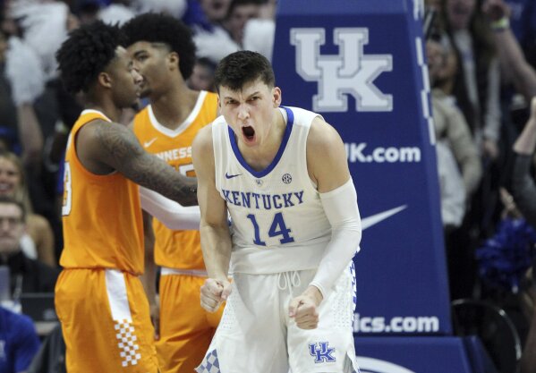 
              Kentucky's Tyler Herro (14) reacts to a play during the second half of the team's NCAA college basketball game against Tennessee in Lexington, Ky., Saturday, Feb. 16, 2019. Kentucky won 86-69. (AP Photo/James Crisp)
            