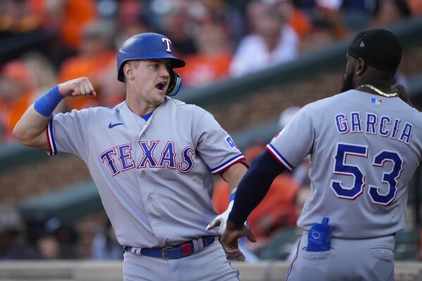 Texas Rangers Josh Jung (6) celebrating his solo home run against the Baltimore Orioles with teammate Texas Adolis Garcia (53) during the sixth inning in Game 1 of an American League Division Series baseball game, Saturday, Oct. 7, 2023, in Baltimore, Md. (AP Photo/Andrew Harnik)