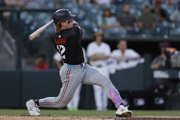 Minnesota Twins' Harrison Bader hits a two-run home run during the fifth inning of a baseball game against the Athletics, Wednesday, June 4, 2025, in West Sacramento, Calif. (AP Photo/Sergio Estrada)