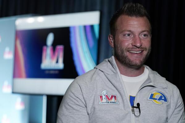 Los Angeles Rams head coach Sean McVay conducts an interview during a press conference following the NFL football team's Super Bowl win over the Cincinnati Bengals Monday, Feb. 14, 2022, in Los Angeles. (AP Photo/Marcio Jose Sanchez)