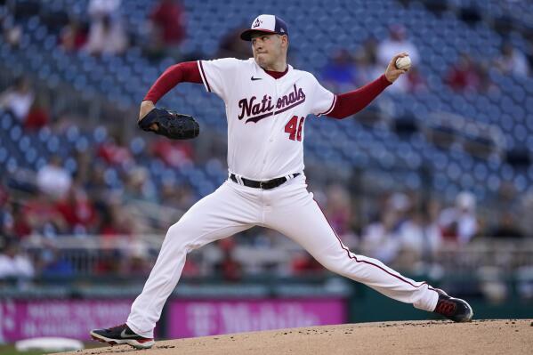 Washington Nationals starting pitcher Patrick Corbin throws during the first inning of the team's baseball game against the Pittsburgh Pirates at Nationals Park, Tuesday, June 28, 2022, in Washington. (AP Photo/Alex Brandon)