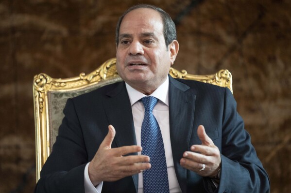 Egypt's President Abdel Fattah El-Sisi speaks while meeting with U.S. Secretary of State Antony Blinken, at Al-Ittihadiya Palace in Cairo, Sunday Oct. 15, 2023. (AP Photo/Jacquelyn Martin, Pool)