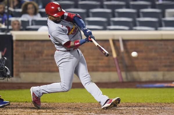 St. Louis Cardinals' Edmundo Sosa hits an RBI single during the 11th inning of the team's baseball game against the New York Mets on Tuesday, Sept. 14, 2021, in New York. (AP Photo/Frank Franklin II)