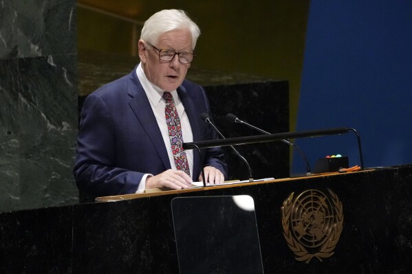 Canada's UN Ambassador Robert Rae addresses the 78th session of the United Nations General Assembly, Tuesday, Sept. 26, 2023, at U.N. headquarters. (AP Photo/Richard Drew)