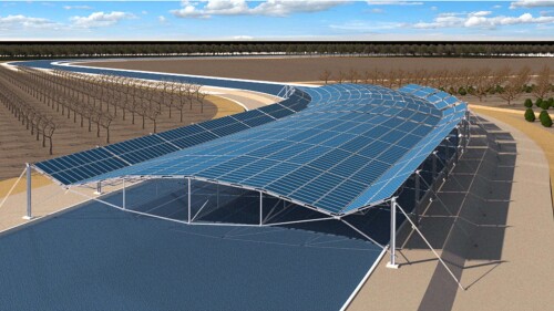 This artist’s rendering provided by Solar AquaGrid, shows a wide-span solar canal canopy being piloted in California’s Central Valley. Solar AquaGrid and partners are preparing to break ground in the fall of 2023 on the first solar-covered-canal project in the United States. Solar panels are installed over canals in sunny, water-scarce regions where they make electricity and reduce evaporation. (Solar AquaGrid via AP)