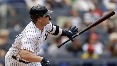 New York Yankees designated hitter Josh Donaldson hits a home run during the second inning of a baseball game against the Chicago Cubs, Saturday, July 8, 2023, in New York. (AP Photo/Adam Hunger)