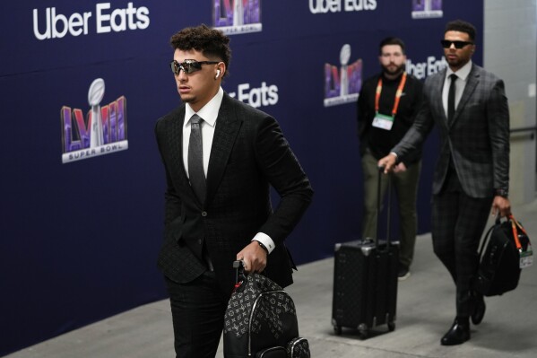 Kansas City Chiefs quarterback Patrick Mahomes arrives before the NFL Super Bowl 58 football game against the San Francisco 49ers on Sunday, Feb. 11, 2024, in Las Vegas. (AP Photo/Frank Franklin II)