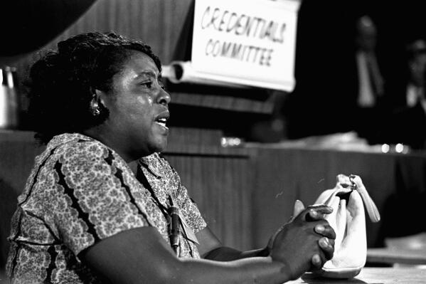 FILE-In this Aug. 22, 1964 photograph, Fannie Lou Hamer, a leader of the Freedom Democratic party, speaks before the credentials committee of the Democratic national convention in Atlantic City, N.J.  An anonymous donor is giving the University of Mississippi $100,000 to pay for a scholarship named after civil rights pioneer Fannie Lou Hamer, according to a news release from the university. The scholarship is designed to help students who are pursuing African American studies in the university's College of Liberal Arts.(AP Photo/File)