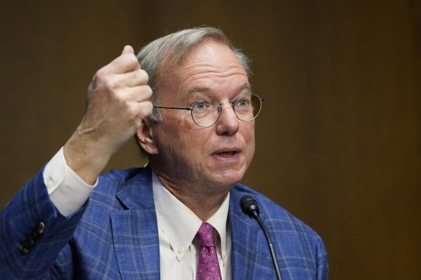 Dr. Eric E. Schmidt, co-founder of Schmidt Futures, speaks on Capitol Hill in Washington, Tuesday, Feb. 23, 2021, during a hearing on emerging technologies and their impact on national security. (AP Photo/Susan Walsh)