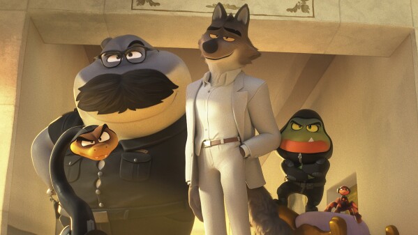 This image released by Universal Pictures/DreamWorks Animation shows, from left, Mr. Snake, voiced by Marc Maron, Mr. Shark, voiced by Craig Robinson, Mr. Wolf, voiced by Sam Rockwell, Mr. Piranha, voiced by Anthony Ramos and Ms. Tarantula, voiced by Awkwafina, in a scene from "The Bad Guys 2." (Universal Pictures/DreamWorks Animation via AP)