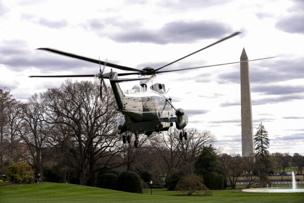 Marine One with President Joe Biden aboard lifts off from the South Lawn of the White House in Washington, Friday, March 8, 2024, for a short trip to Andrews Air Force Base, Md., and then on to Philadelphia for a campaign event. (AP Photo/Andrew Harnik)