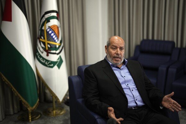 Khalil al-Hayya, a senior Hamas official who represented the Palestinian militant group in negotiations for a ceasefire and hostage exchange deal, speaks in an interview with The Associated Press , in Istanbul, Turkey, Wednesday, April 24, 2024. (AP Photo/Khalil Hamra)