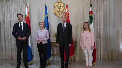 From left, Dutch Prime Minister Mark Rutte, European Commission President Ursula von der Leyen, Tunisian President Kais Saied, and Italian Premier Giorgia meloni meet in Tunis, Sunday, June 11, 2023. Tunisia's president is hosting the leaders of Italy, the Netherlands and the European Union for talks aimed at smoothing the way for an international bailout. The European leaders want to restore stability to a country that has become a major source of migration to Europe. (Italian Premier Office via AP, ho)