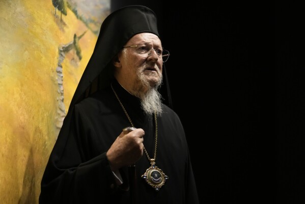 Ecumenical Patriarch Bartholomew, the spiritual leader of the world's Orthodox Christians, welcomes the election of the new pope, 69-year-old American Pope Leo XIV, while speaking to The Associated Press at an event in Athens, Greece on Thursday, May 8, 2025. (AP Photo/Petros Giannakouris)