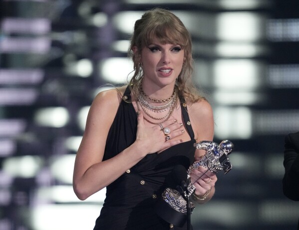 Taylor Swift accepts the award for video of the year for "Anti-Hero" during the MTV Video Music Awards on Tuesday, Sept. 12, 2023, at the Prudential Center in Newark, N.J. (Photo by Charles Sykes/Invision/AP)